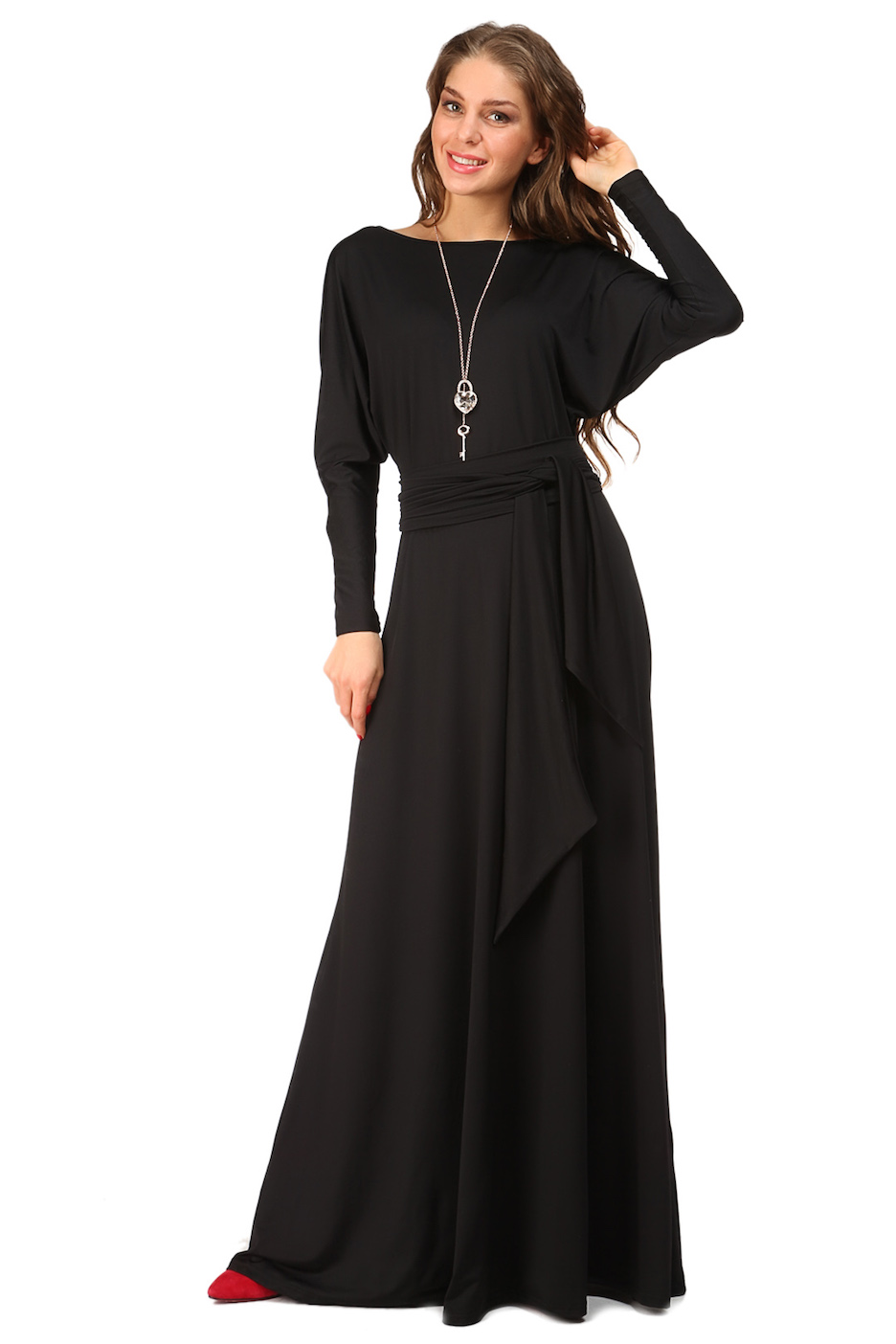 Фото товара 9565, черное длинное платье с поясом